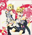 1girl arm_warmers blonde_hair brother_and_sister detached_sleeves guitar hair_ornament hair_ribbon hairclip headphones instrument kagamine_len kagamine_len_(append) kagamine_rin kagamine_rin_(append) leg_warmers navel rassie_s ribbon short_hair shorts siblings smile twins vocaloid vocaloid_append 