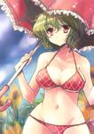  asai_ichiko bikini breasts cleavage collarbone curvy day eyebrows eyebrows_visible_through_hair flower green_hair kazami_yuuka medium_breasts nature navel outdoors parasol plaid plaid_bikini red_eyes smile solo standing sunflower swimsuit touhou umbrella wide_hips 