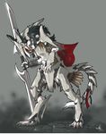  armor cape claws digitigrade double-bladed_halberd fantasy female full_body fur furry gradient gradient_background multicolored_hair open_mouth polearm rain_silves sergal shiny solo sword tail tongue trancy_mick weapon yellow_eyes 