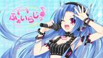  5pb_(choujigen_game_neptune) ;d aqua_background arm_garter armpits bangs bare_shoulders beamed_eighth_notes black_nails blue_hair bracelet breasts buckle character_name cleavage collar company_name crop_top dotted_half_note eighth_note emblem fingernails floating_hair frills from_side gradient hands_up happy headphones heart heart_pendant highres holding holding_microphone jewelry lace long_fingernails long_hair looking_at_viewer microphone midriff mole mole_under_eye music musical_note nail_polish neptune_(series) official_art one_eye_closed open_mouth pendant plaid plaid_background purple_eyes quarter_note radio_antenna shadow sharp_sign singing small_breasts smile solo sparkle staff_(music) straight_hair striped studded_bracelet studded_collar tank_top translated tsunako upper_body vertical_stripes very_long_hair wallpaper widescreen wireless 