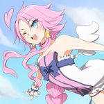  angel blue_eyes blush braid day disgaea hair_tubes heart hoshihuri long_hair makai_senki_disgaea_4 one_eye_closed pink_hair single_braid sky solo tabard vulcanus_(disgaea_4) wings 