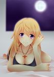  barefoot blonde_hair breasts charlotte_dunois cleavage face infinite_stratos jewelry kishida-shiki large_breasts lying moon necklace night on_stomach purple_eyes solo 