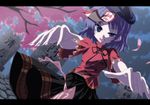  bad_id bad_pixiv_id blue_eyes blue_hair bow cherry_blossoms fang fingernails graveyard hat isa jiangshi letterboxed long_fingernails miyako_yoshika ofuda outstretched_arms pale_skin ribbon skirt solo tombstone touhou zombie_pose 