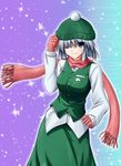  absurdres beanie blue_eyes gloves hand_on_hip hat highres konpaku_youmu light_smile one_eye_closed scarf shimamura_youmu short_hair silver_hair solo taiga_(natsu_hotaru) touhou vest 