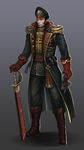  bolter boots chainsword commissar epaulettes eyepatch hat highres imperial_guard lieqi_hun male_focus military military_uniform monocle ornate solo sword uniform warhammer_40k weapon 