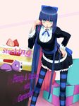  absurdres aqua_eyes hand_on_hip highres long_hair mouth_hold panties panty_&amp;_stocking_with_garterbelt purple_hair solo stocking_(psg) striped striped_legwear striped_panties tarte thighhighs underwear 