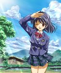  black_hair blazer brown_eyes cloud day jacket mountain one_eye_closed original pizza_man plaid plaid_skirt pleated_skirt rural school_uniform shading_eyes short_hair skirt solo sunlight 