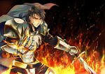  armor belt black_hair blood cape fire gensou_suikoden gensou_suikoden_ii gloves grin kinota left-handed luca_blight male_focus messy_hair pauldrons smile solo sword weapon yellow_eyes 