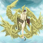  androgynous angel_wings asuka_ryou barefoot black_hair blonde_hair breasts carrying claws closed_eyes demon_boy demon_tail demon_wings devilman devilman_(character) eyebrows fudou_akira head_wings kiss medium_breasts multiple_boys multiple_wings nipples nude penis princess_carry satan_(devilman) short_hair sideburns tail wings 