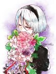  1girl black_hairband bob_cut bouquet commentary eyebrows_visible_through_hair eyelashes eyes_closed eyes_visible_through_hair flower hairband hidden_mouth holding holding_bouquet long_eyelashes nier_(series) nier_automata no_blindfold pink_flower puffy_sleeves purple_flower short_hair silver_hair sketch_eyebrows solo twitter_username upper_body yorha_no._2_type_b 