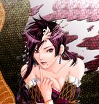  amano_tatsumi bare_shoulders beauty_mark breasts cleavage detached_sleeves dress earrings female hair_ornament jewelry long_hair mole nail_polish nouhime purple_eyes purple_hair sengoku_musou sengoku_musou_3 solo strapless strapless_dress 