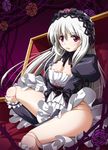  between_thighs breasts cleavage doll doll_joints dress dress_tug gucchi legs no_panties purple_eyes red_eyes rozen_maiden small_breasts solo suigintou thighs white_hair 