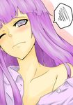  absurdres annoyed blush collarbone highres hisha off_shoulder open_clothes open_shirt patchouli_knowledge purple_eyes purple_hair shirt solo speech_bubble squiggle touhou 