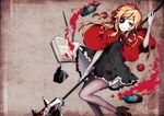  apple arisaka_ako bad_id bad_pixiv_id black_dress blonde_hair blood book bottle dress elbow_gloves eyepatch food fruit gloves high_heels holding hood ink light_smile long_hair open_book original pen polearm red_eyes shoes solo thighhighs weapon white_gloves white_legwear 