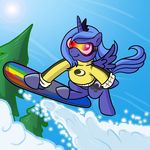  blue crescent_moon crown cutie_mark equine eyewear female feral friendship_is_magic goggles hair horn horns mammal moon my_little_pony outside pegacorn princess_luna_(mlp) snow snowboard snowboarding solo sweater tree unknown_artist winged_unicorn wings wood 