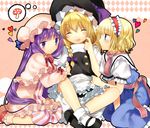  alice_margatroid arm_hug blonde_hair bloomers blue_eyes bobby_socks braid buttons girl_sandwich hairband hanabana_tsubomi hat heart highres hug indian_style kirisame_marisa long_hair mary_janes multiple_girls mushroom no_nose patchouli_knowledge purple_eyes purple_hair sandwiched shoes short_hair sitting socks sweatdrop thought_bubble touhou underwear wariza witch_hat 