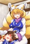  animal_ears blonde_hair blush bow breasts brown_hair cat_ears chen chestnut_mouth ear_cleaning eargasm fingernails fox_tail hat jewelry lap_pillow large_breasts mimikaki multiple_girls multiple_tails no_hat no_headwear pandain petting playing_with_another's_ears short_hair single_earring smile tail touhou yakumo_ran 
