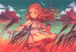  absurdres bloomers blurry brown_hair cloud crescent_moon depth_of_field field forehead green_eyes h2so4 highres long_hair moon original outstretched_arms petals sketch sky solo underwear wavy_hair 