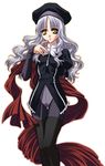  black_legwear caren_hortensia fate/hollow_ataraxia fate/stay_night fate_(series) finger_in_mouth hat layered_sleeves masurao_bc pantyhose scarf shroud_of_magdalene silver_hair solo thighband_pantyhose thighhighs white_hair yellow_eyes 