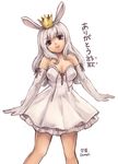  ac_japan animal_ears arigato_usagi breasts brown_eyes bunny_ears cleavage crown dress elbow_gloves gloves kanran_demel long_hair medium_breasts personification solo white_hair 