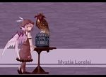  animal animal_ears ayagi_daifuku bird birdcage blindfold cage character_name dress hat highres letterboxed mystia_lorelei owl purple_hair red_eyes shoes short_hair solo table touhou winged_shoes wings 