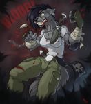  badass belt black_hair blood canine chain female fighter grey hair knife military pants piercing shirt snarl solo tooth tough warrior wolf wolfy-nail 