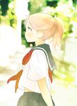  blonde_hair blurry blush bokeh depth_of_field madam_s orange_eyes original ponytail profile school_uniform serafuku solo 