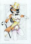  bottomless bow cane canine collar dancing female fox gold hat hi_res loupgarou one_eye_closed showgirl solo sparkles stockings suspenders top_hat topless wink 