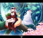  animal blonde_hair boots braid copyright_name flower forest hazuki_gean horns letterboxed nature pantyhose pixiv_fantasia pixiv_fantasia_5 pointy_ears ponytail red_eyes sitting tail 