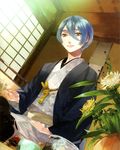  artist_request blue_hair bowl brown_eyes chrysanthemum flower japanese_clothes kanakubo_homare kimono light male_focus sitting smile solo starry_sky_(game) yukata 