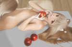  animal_ears apple brown_hair food fruit holding holding_food holding_fruit holo isuke24 long_hair lying nude red_eyes solo spice_and_wolf tail wolf_ears wolf_tail 