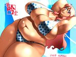  areola areola_slip areolae armpits arms_behind_head arms_up belly bikini blush breasts cleavage curvy doomcomic fat highres huge_breasts long_hair navel penguindou pink_hair plump polka_dot polka_dot_bikini polka_dot_swimsuit purple_eyes sideboob solo stomach sweat swimsuit thick_thighs thighs 