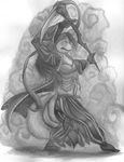  female fox greyscale hair long_hair magic_user mammal monochrome plain_background ratte scythe smoke solo white_background witch 