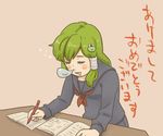  akeome alternate_costume bad_id bad_pixiv_id closed_eyes green_eyes hair_ornament happy_new_year hikimaru kochiya_sanae new_year nose_bubble notebook pen saliva school_uniform serafuku sitting sleepy solo table touhou writing 