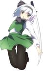  amanagi_seiji bad_id bad_pixiv_id black_hairband black_legwear green_hair hair_ribbon hairband jumping katana konpaku_youmu panties panties_under_pantyhose pantyhose pantyshot ribbon short_hair silver_hair skirt solo sword touhou underwear weapon white_hair 