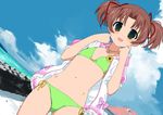  :d amatsuka_yuuna baby_princess bikini blush brown_hair cloud day dutch_angle flat_chest green_bikini green_eyes hood hoodie kusaka_souji navel open_clothes open_hoodie open_mouth short_hair side-tie_bikini sky smile solo swimsuit twintails 