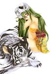  bare_shoulders bleach breasts facial_mark green_eyes green_hair helmet japanese_clothes kimono large_breasts long_hair nelliel_tu_odelschwanck short_kimono skull sleeveless sleeveless_kimono swt-team tiger white_tiger 