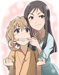  black_hair brown_eyes brown_hair clenched_hands face flower grin hair_flower hair_ornament hanasaku_iroha hands highres japanese_clothes kakkii kissuisou_uniform matsumae_ohana mouth_pull multiple_girls nakai_(waitress) smile teeth tsurugi_minko 