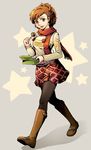  boots brown_eyes brown_hair el_(mushboom) female_protagonist_(persona_3) food pantyhose persona persona_3 persona_3_portable scarf solo takoyaki 