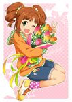  ;d bouquet brown_hair flower green_eyes hair_ornament idolmaster idolmaster_(classic) inou_shin one_eye_closed open_mouth polka_dot polka_dot_legwear ribbon shoes smile socks solo takatsuki_yayoi twintails v 