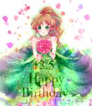  bare_arms bishoujo_senshi_sailor_moon blush bouquet brown_hair choker dated dress flower gown green_choker green_dress green_eyes green_flower green_rose happy_birthday jupiter_symbol kino_makoto kneeling lipstick long_hair looking_at_viewer makeup petals ponytail princess princess_jupiter red_flower red_rose ribbon rose rose_petals sidelocks smile solo torao_(torakmn) 