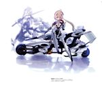  absurdres ach ach_stradale ahoge blurry breasts busou_shinki choco depth_of_field doll_joints ground_vehicle highres mecha_musume medium_breasts motor_vehicle motorcycle multiple_girls red_eyes smile three-wheeler twintails white_hair 