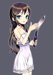  bare_shoulders blue_eyes brown_hair knife kukri original sentou simple_background solo 