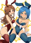  animal_ears bad_id bad_pixiv_id blue_eyes blue_hair brown_hair bunny_ears bunnysuit inazuma_eleven inazuma_eleven_(series) long_hair marimo_danshaku multiple_girls raimon_natsumi thighhighs urubida 