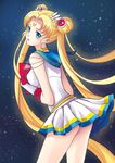  ayase1124 bishoujo_senshi_sailor_moon blonde_hair blue_eyes blue_sailor_collar bow choker double_bun elbow_gloves facial_mark forehead_mark gloves hair_ornament hairclip jewelry long_hair magical_girl multicolored multicolored_clothes multicolored_skirt red_bow sailor_collar sailor_moon sailor_senshi_uniform skirt sky solo star_(sky) starry_sky super_sailor_moon tsukino_usagi twintails white_gloves yellow_choker 