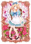  absurdres alice_(wonderland) alice_in_wonderland apron blonde_hair bow breasts card cleavage falling_card floating_card flower food fruit hair_bow highres kishida_mel mary_janes playing_card polka_dot purple_card red_flower red_rose rose shoes small_breasts smile solo strawberry 