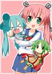  &gt;_&lt; chibi_miku closed_eyes crossover green_eyes green_hair hatsune_miku kori_(trouble_spirit) minami_(colorful_palette) minigirl multiple_girls original pink_hair sakura_koiro school_uniform serafuku spring_onion thighhighs twintails vocaloid 