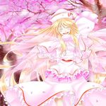  arms_behind_back bad_id bad_pixiv_id blonde_hair bow cherry_blossoms closed_eyes dress flower hat highres lily_white long_hair petals shunsuke smile solo touhou tree very_long_hair 