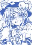  blush bow clenched_teeth crying food fruit hand_on_own_head hat hinanawi_tenshi long_hair monochrome peach petting solo takana_shinno tears teeth touhou translated 