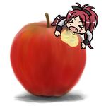  &gt;_&lt; apple closed_eyes comic eating food fruit long_hair magical_girl mahou_shoujo_madoka_magica mukiki ponytail red_hair sakura_kyouko solo 